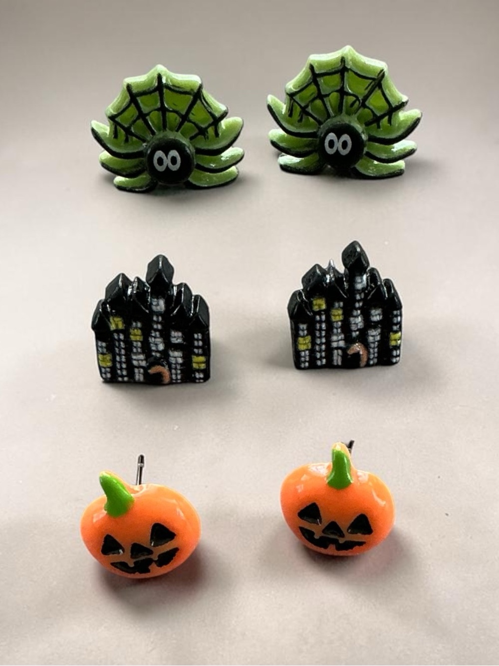 🆕 Spiders in Web, Haunted House, and Pumpkins Stud Earrings